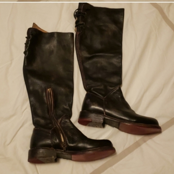 BED|STÜ Manchester Distressed Black Leather Knee-High Boots Red Stitching/Soles - Picture 6 of 16